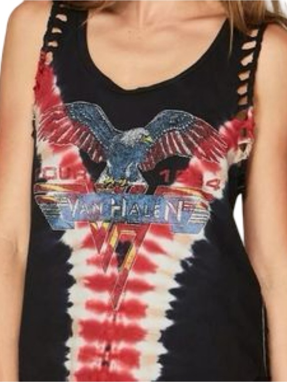 Trunk Ltd Women’s Sz XS Black Red White Tie-Dye Van Halen Braided Arm Tank Top